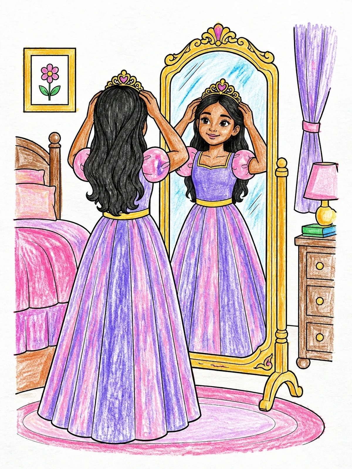 Colored example of the Princess Trying On A Tiara In The Mirror coloring page