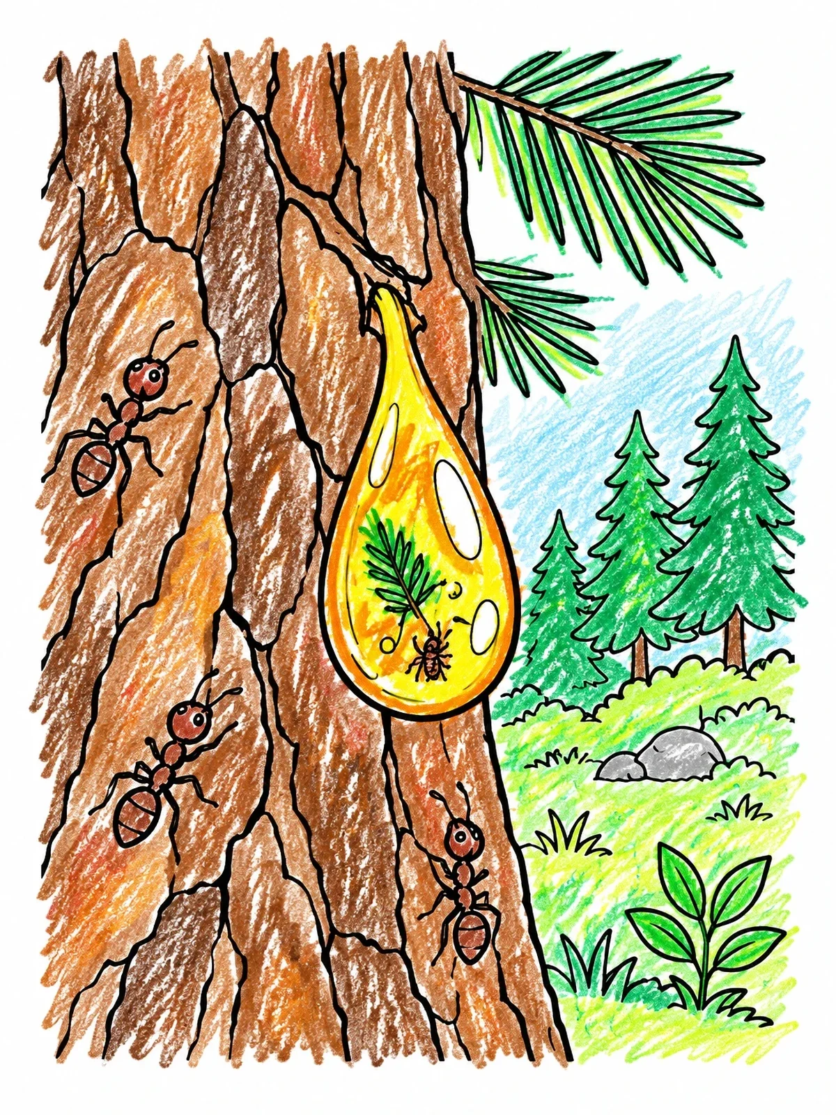 Colored example of the Resin Drop On Pine Tree Bark coloring page
