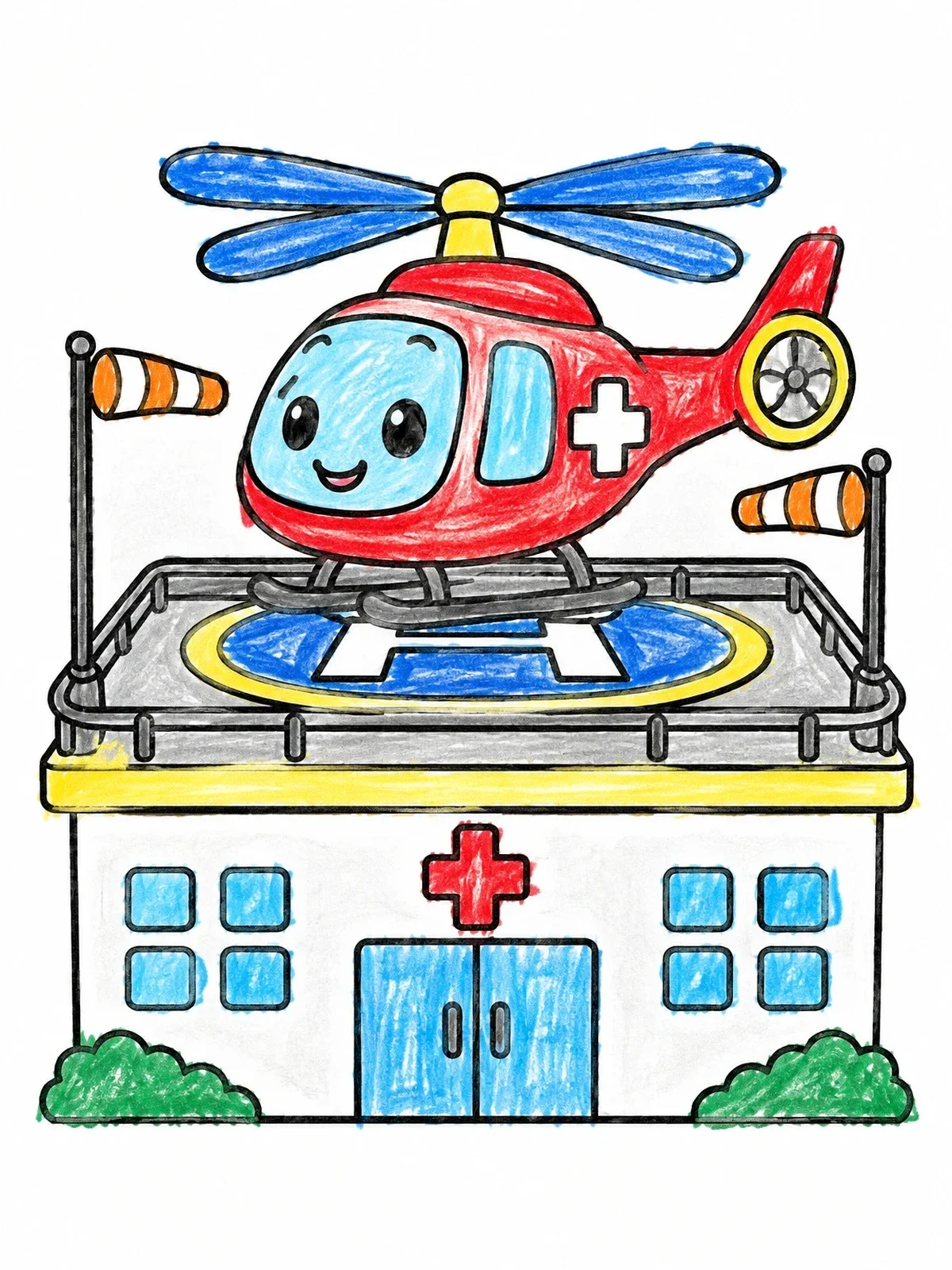 Colored example of the Cute Rescue Helicopter On Hospital Helipad coloring page