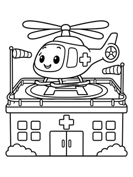 Free printable Cute Rescue Helicopter On Hospital Helipad coloring page