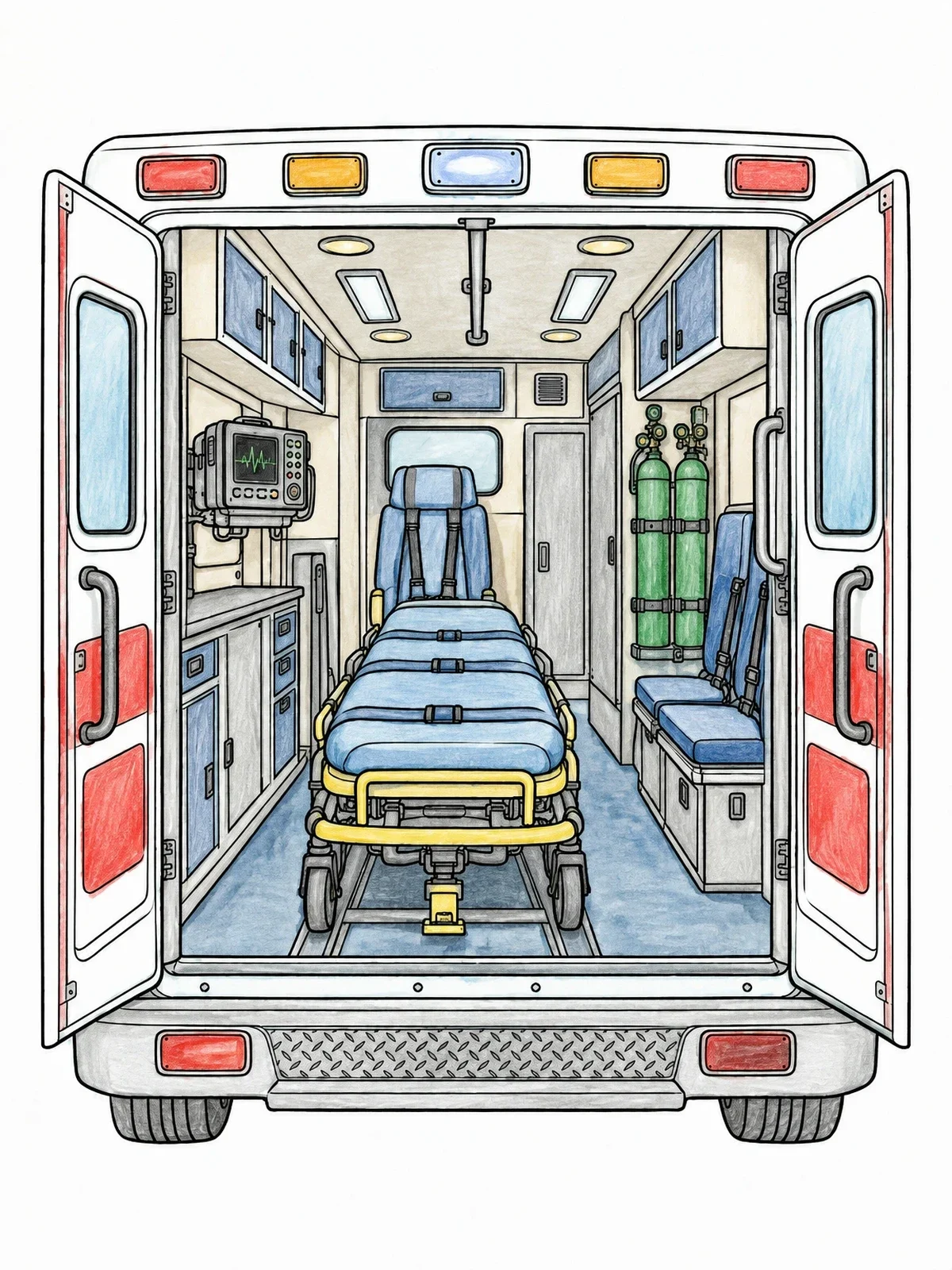 Colored example of the Ambulance Interior With Stretcher And Equipment coloring page