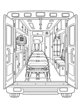 An ambulance coloring page showing the rear interior with a stretcher, medical monitor, and jump seats.