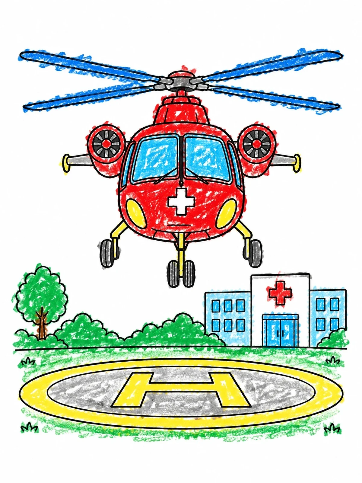 Colored example of the Rescue Helicopter Landing At Hospital coloring page