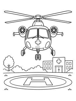 A medical helicopter lands near a clinic in this ambulance coloring page.