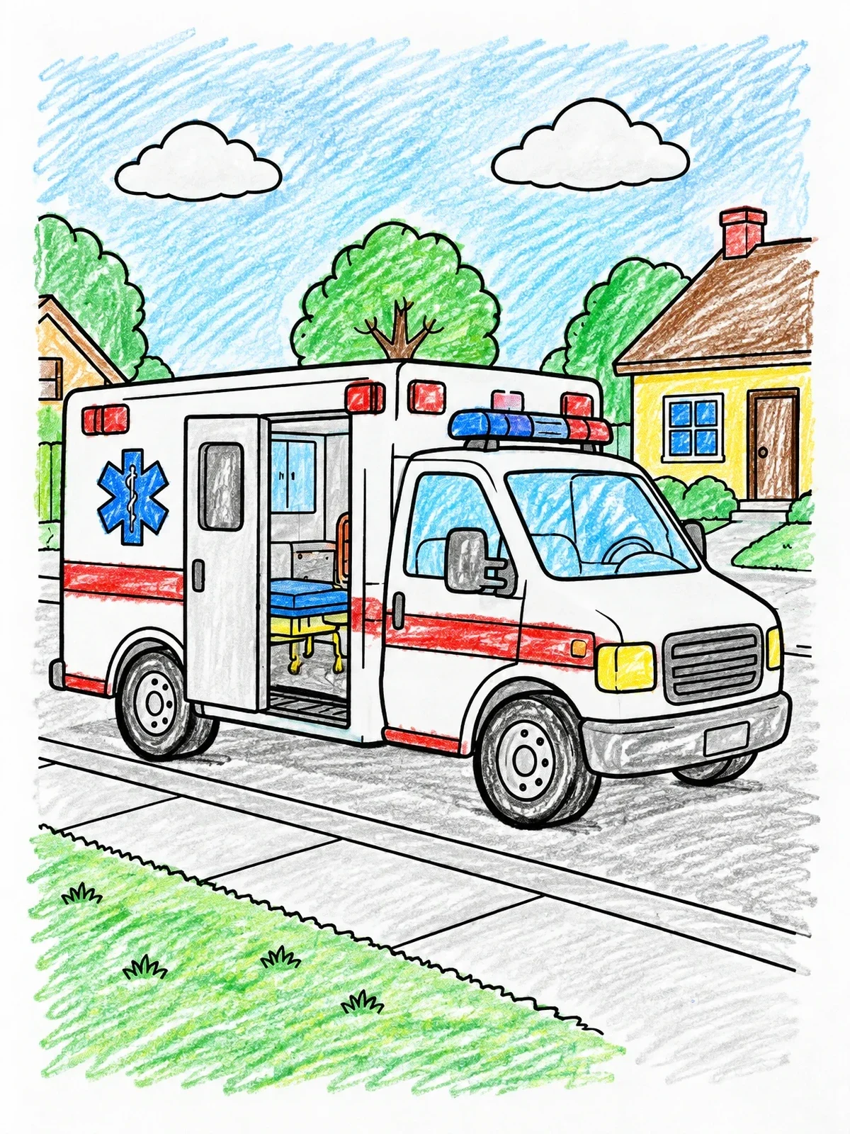 Colored example of the Ambulance Parked In Suburban Neighborhood coloring page