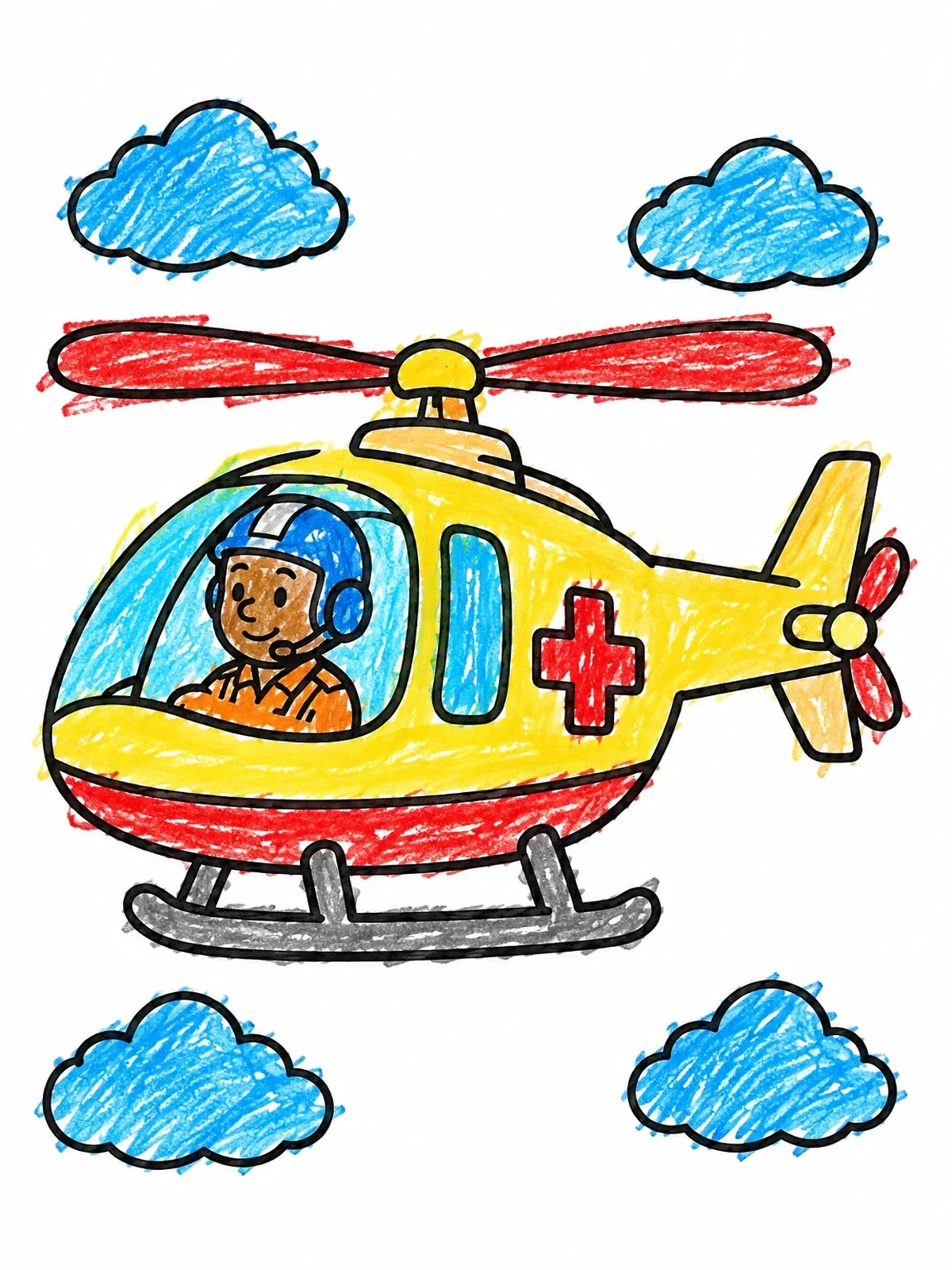 Colored example of the Rescue Helicopter Flying In Clouds coloring page
