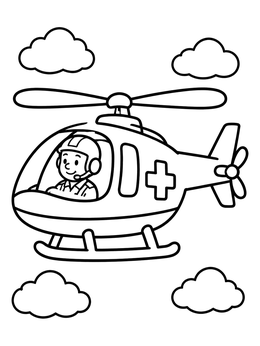 A friendly pilot flying a rescue ambulance coloring page through puffy clouds.