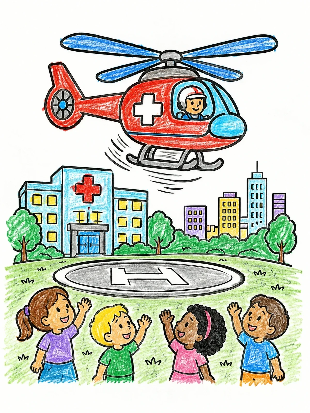 Colored example of the Rescue Helicopter Over Hospital Helipad coloring page