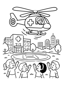 Children waving at a rescue flight in this fun ambulance coloring page.