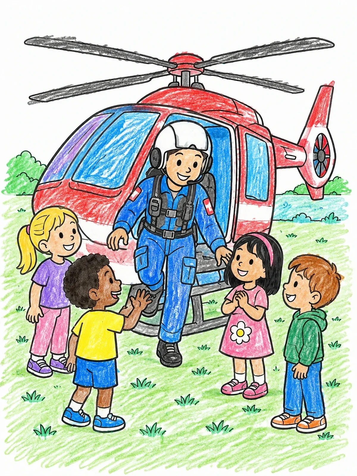 Colored example of the Rescue Helicopter And Friendly Paramedic coloring page