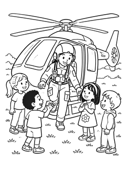 Children greeting a rescue paramedic on this cheerful ambulance coloring page.