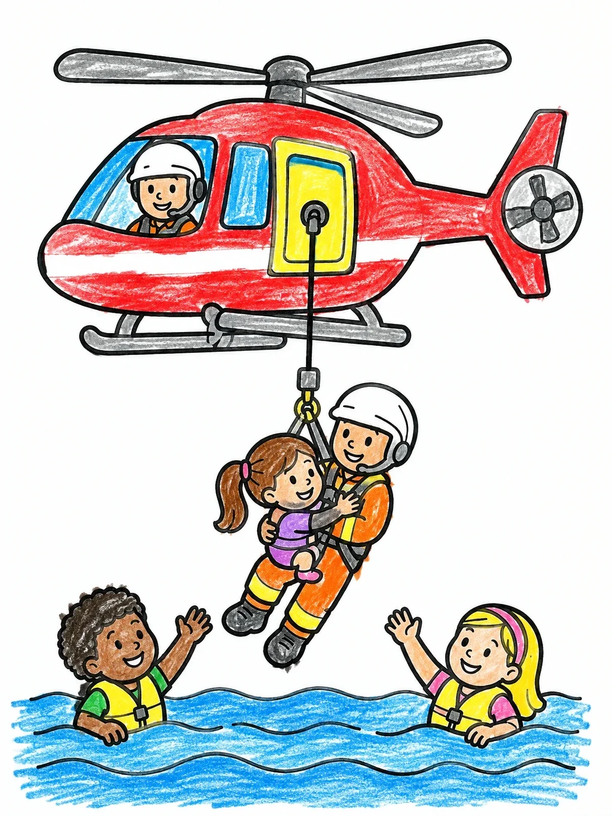 Colored example of the Rescue Helicopter Saving Swimmers coloring page