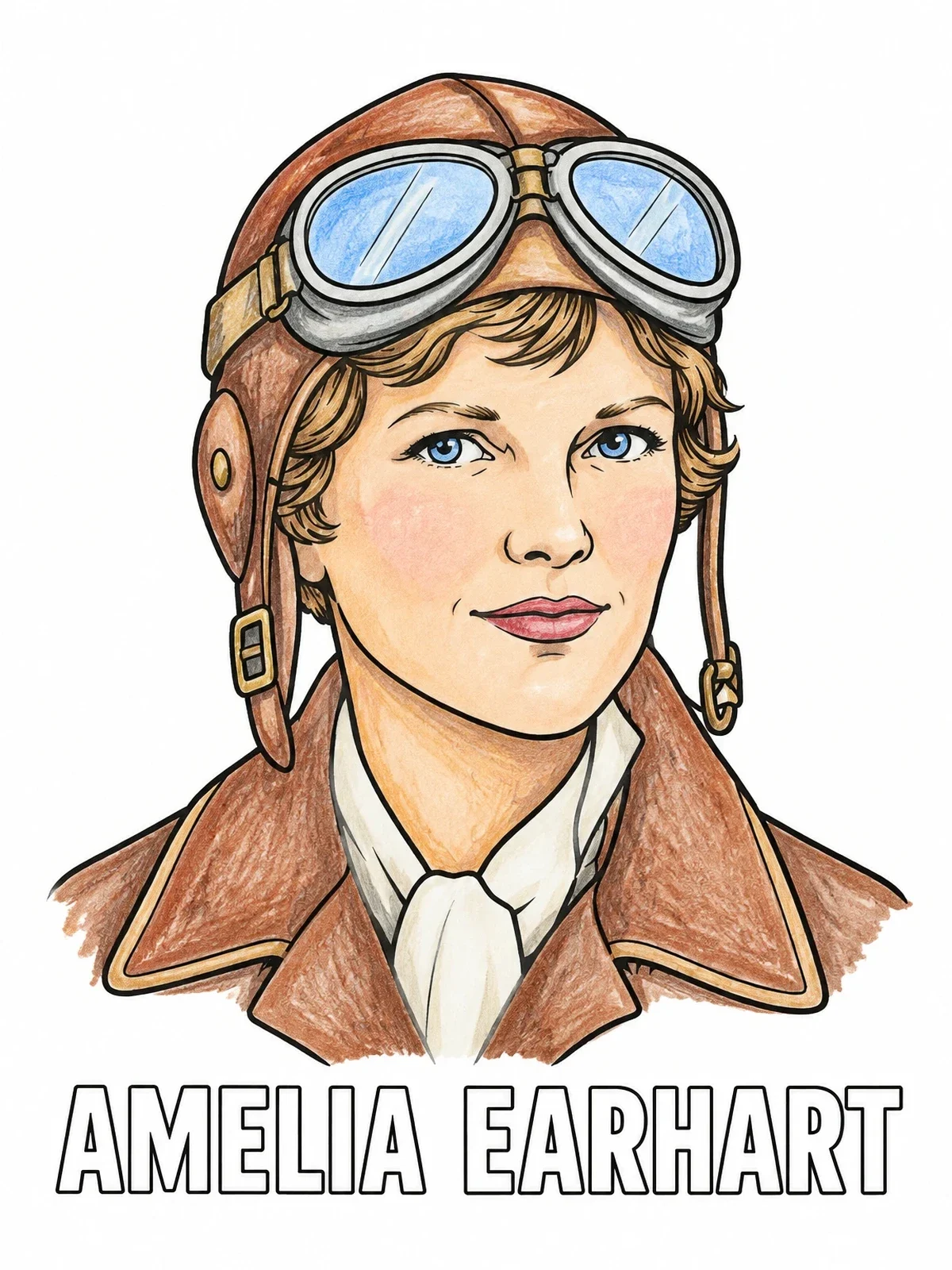 Colored example of the Amelia Earhart Aviator Portrait coloring page