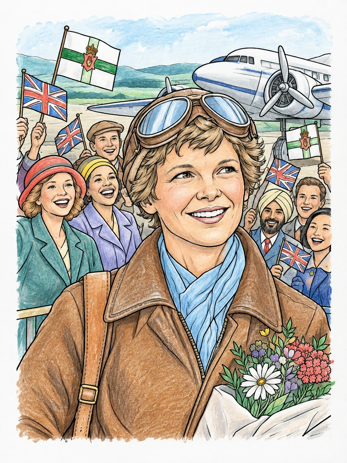 Colored example of the Amelia Earhart Welcomed By Cheering Crowd coloring page