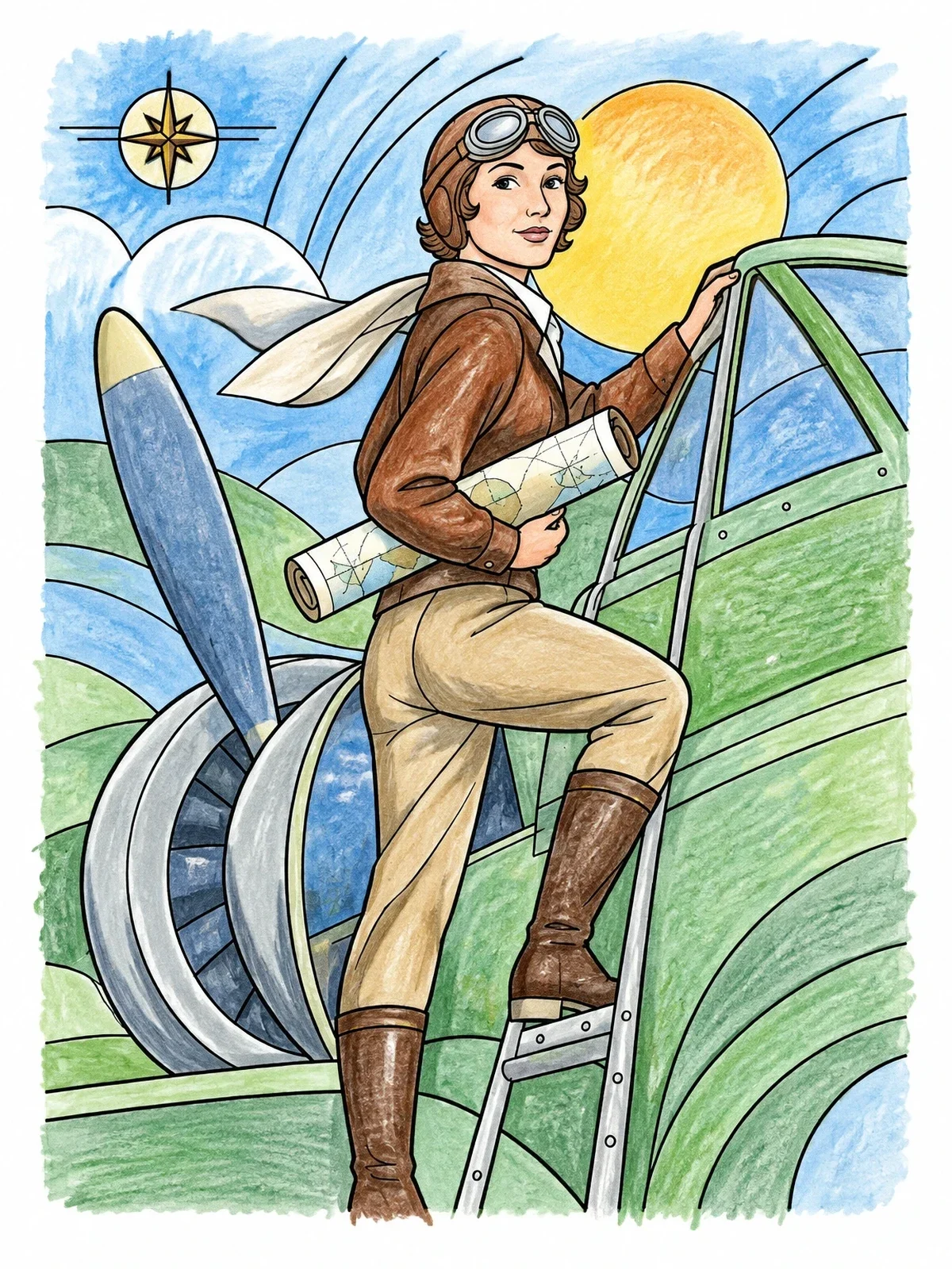 Colored example of the Amelia Earhart Boarding Her Airplane coloring page
