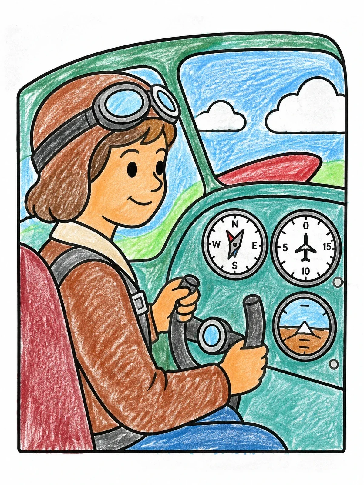 Colored example of the Amelia Earhart Flying Her Plane coloring page