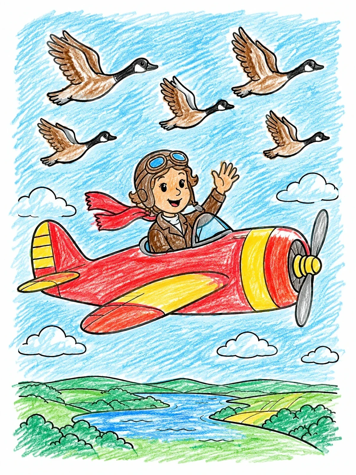 Colored example of the Amelia Earhart Flying With Geese coloring page