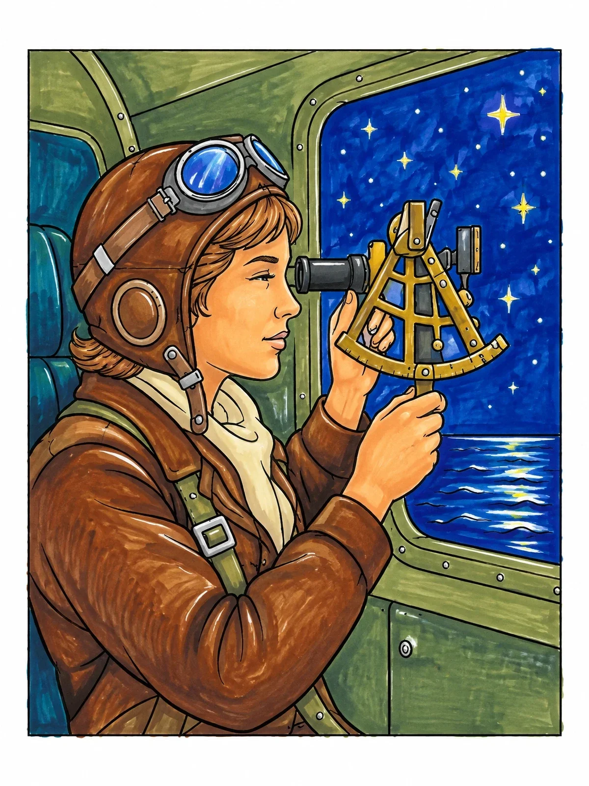 Colored example of the Amelia Earhart Navigating By Stars coloring page