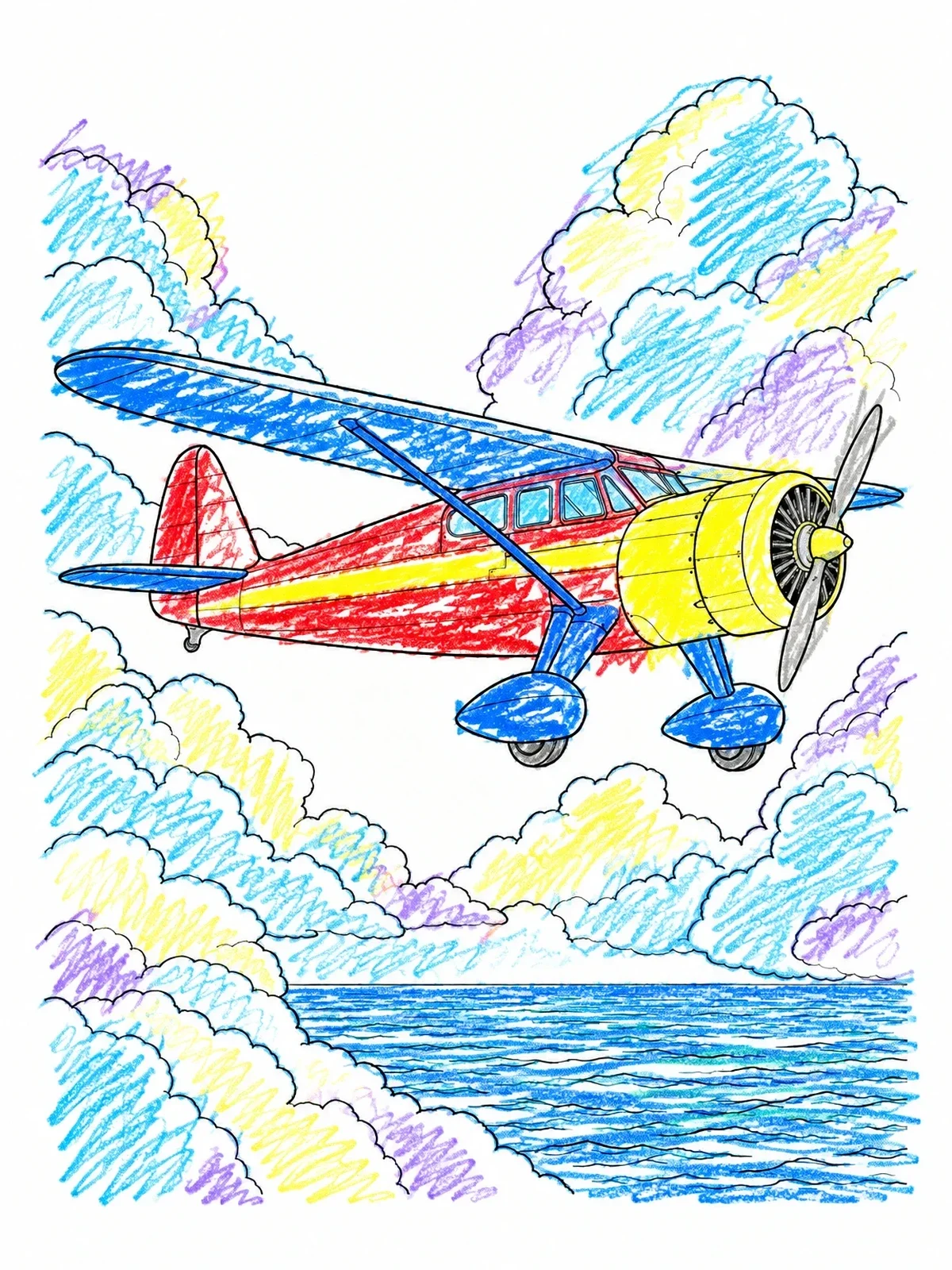 Colored example of the Vintage Airplane Flying Over Ocean coloring page