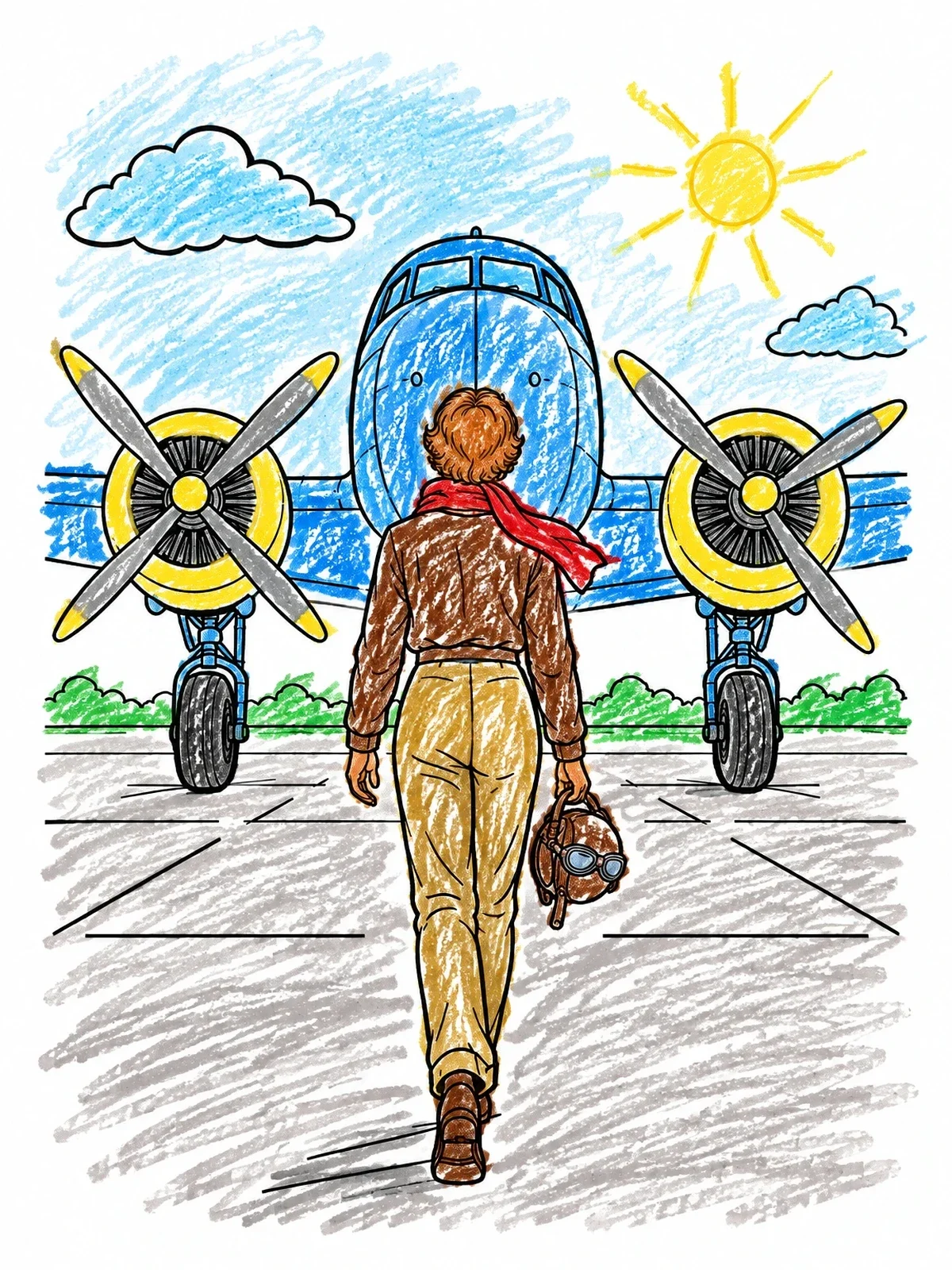 Colored example of the Amelia Earhart Walking To Her Airplane coloring page