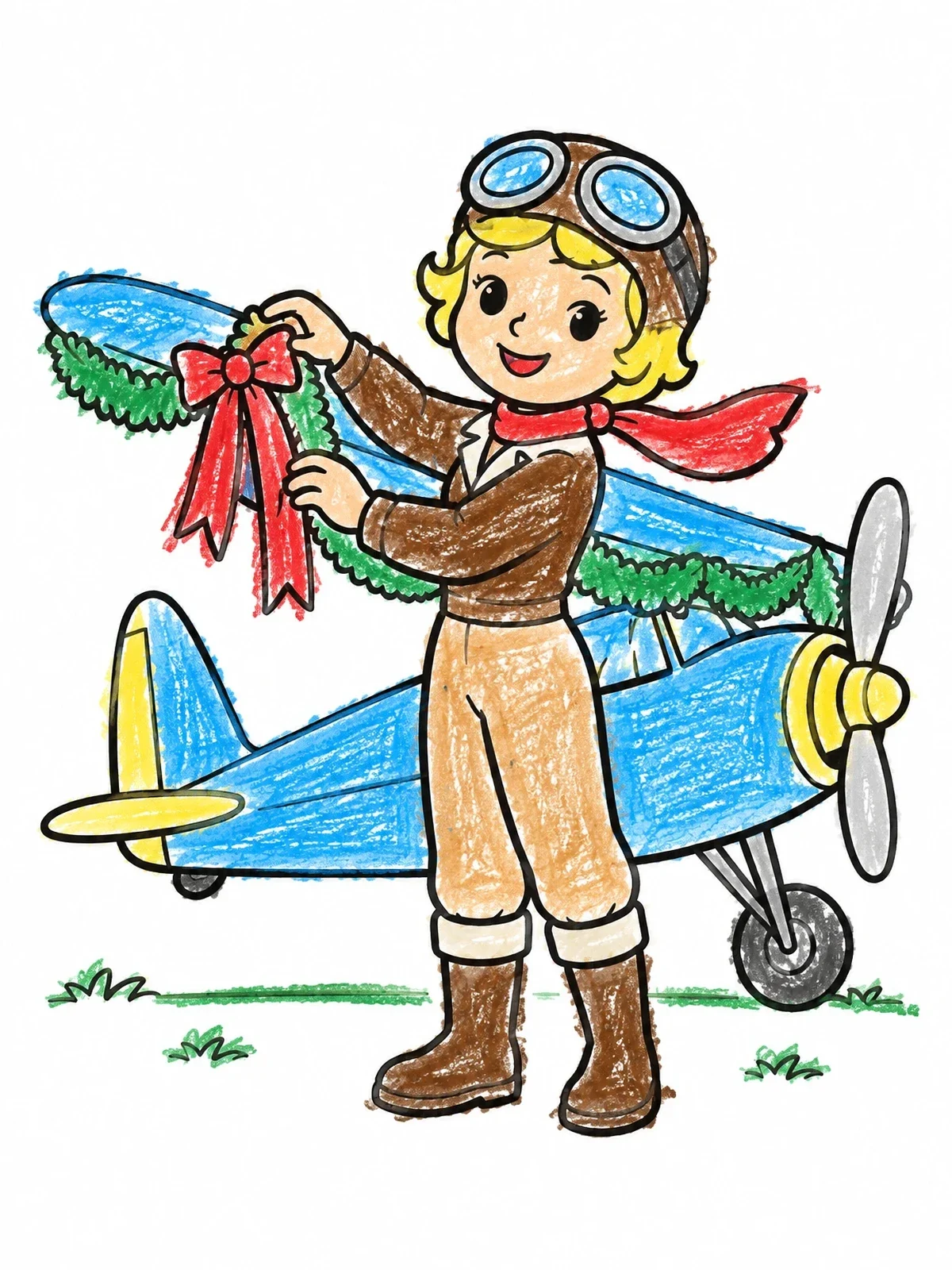 Colored example of the Young Aviator Decorating Airplane Wing coloring page