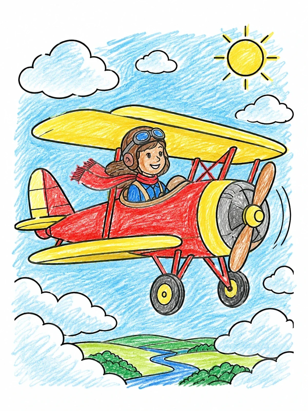 Colored example of the Young Aviator Flying A Biplane coloring page