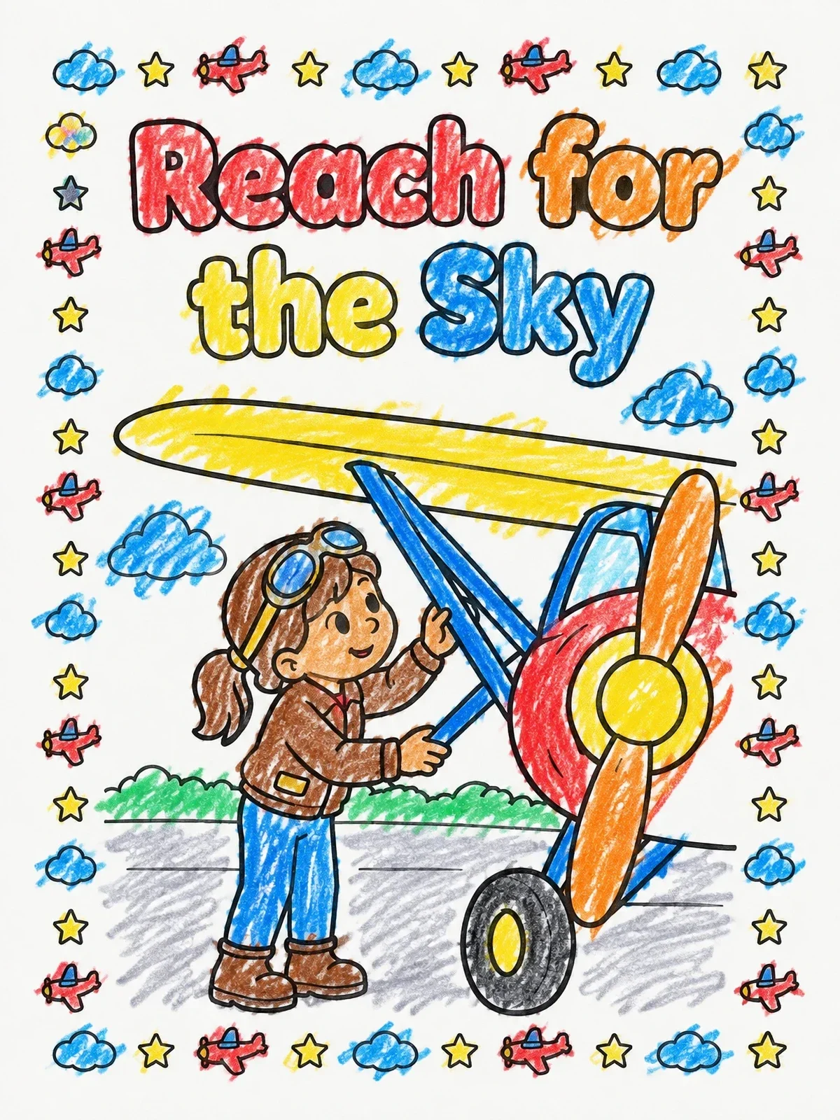 Colored example of the Young Aviator Amelia By Her Airplane coloring page