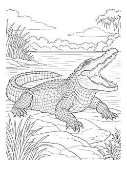 An american alligator coloring page showing the reptile basking by the river with open jaws.