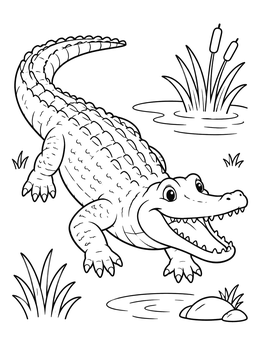 A cheerful american alligator coloring page featuring reeds and water.