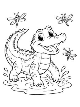 A playful american alligator coloring page showing a happy cartoon reptile splashing with dragonflies.