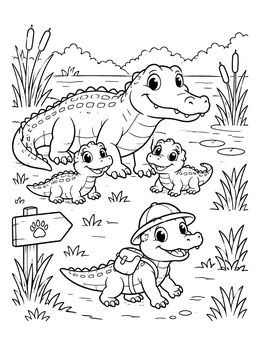 A cute american alligator coloring page showing baby alligators exploring a marsh trail.
