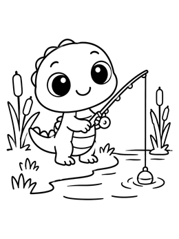 An adorable baby american alligator coloring page showing it fishing peacefully by the water.