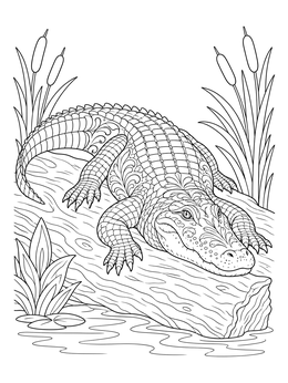 An ornate american alligator coloring page showing the reptile resting on a log among reeds.