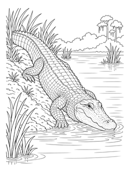 An american alligator coloring page showing the reptile sliding down a riverbank into water.