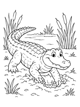 A smiling reptile splashes in this American alligator coloring page among reeds.