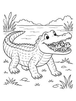 An american alligator coloring page showing a mother carrying cute baby hatchlings gently in her mouth.
