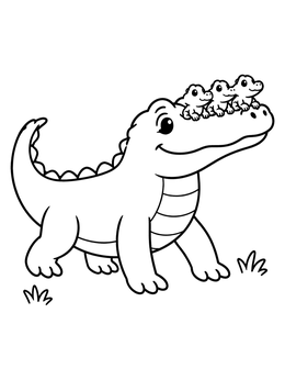 A smiling american alligator coloring page featuring three tiny babies riding on the mother's snout.