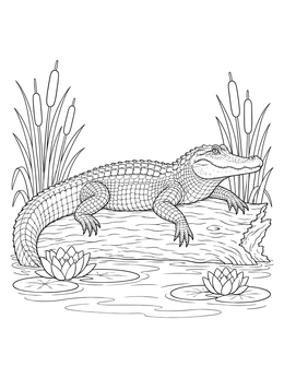 An american alligator coloring page showing the reptile basking on a log near water lilies.