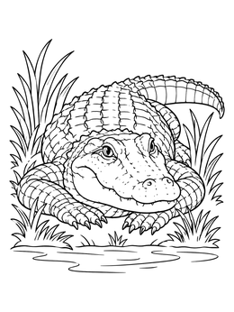 A detailed american alligator coloring page resting on front claws near water grass.