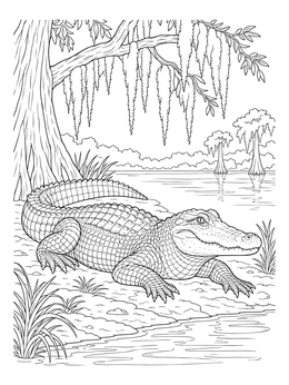 An american alligator coloring page showing a large reptile resting under cypress trees draped in moss.