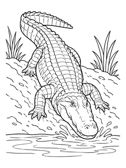 An american alligator coloring page showing the reptile crawling down a mud bank into the water.
