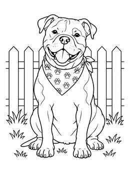 An american bulldog coloring page shows a happy dog wearing a paw-print bandana by a fence.