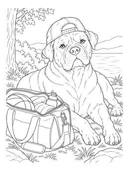 An american bulldog coloring page showing a dog in a backwards cap resting by a sports duffel bag.