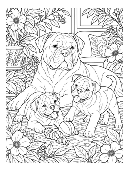 An adult dog rests with two puppies on this detailed american bulldog coloring page.
