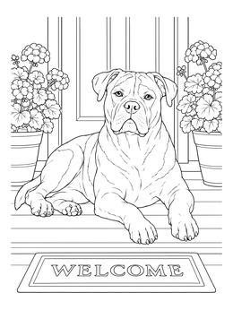 An american bulldog coloring page resting by potted plants and a welcome mat.