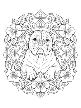 An american bulldog coloring page surrounded by flowers and mandala patterns.