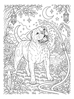 An american bulldog coloring page featuring a happy dog playing with water from a garden hose at night.