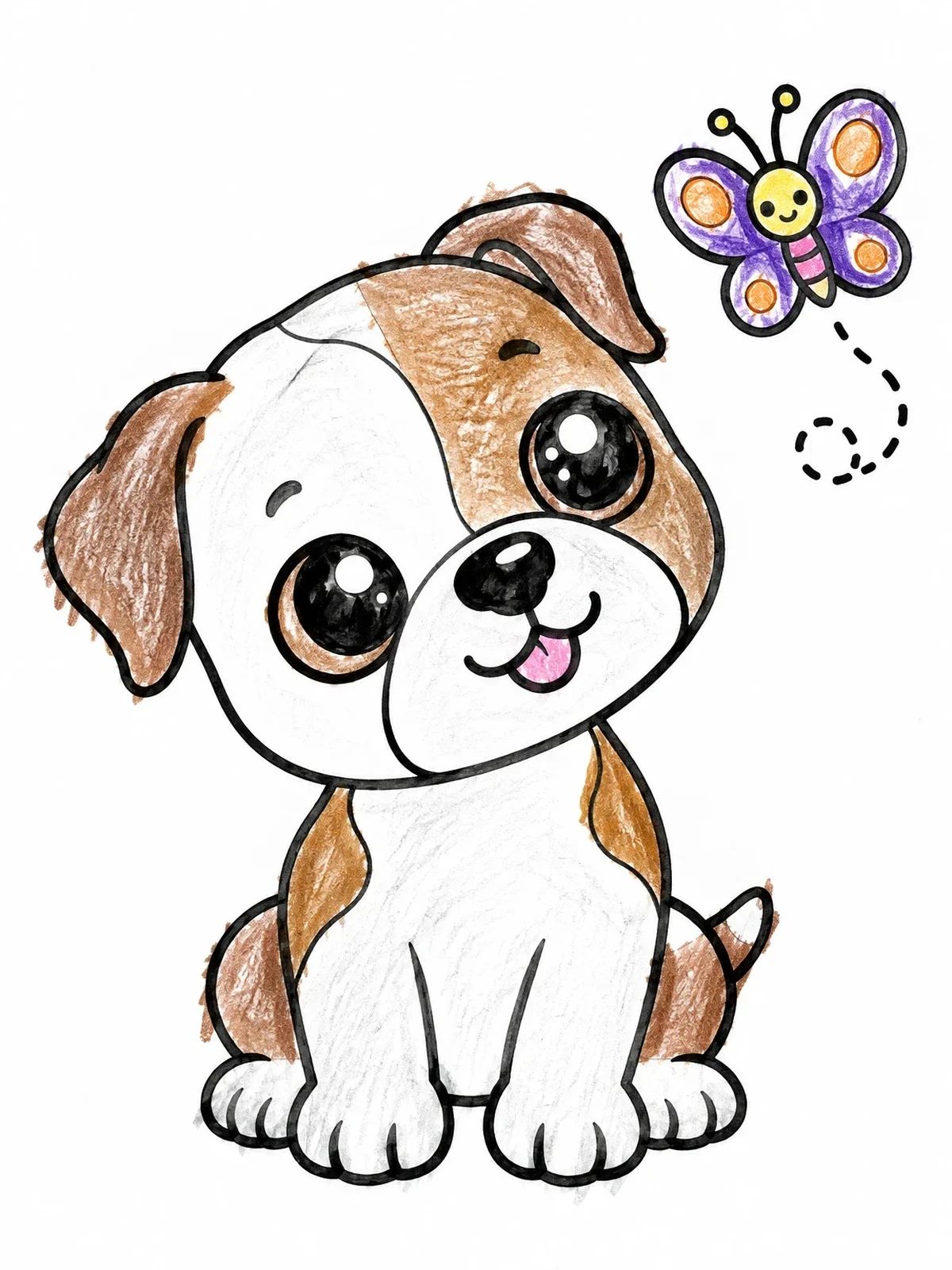 Colored example of the American Bulldog Puppy And Butterfly coloring page
