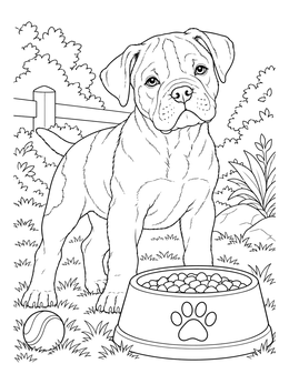 An american bulldog coloring page showing a playful puppy in a yard next to a food bowl.