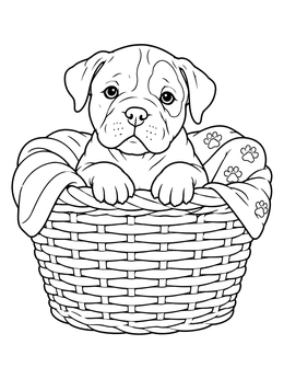A cute american bulldog coloring page with a puppy resting inside a woven basket.